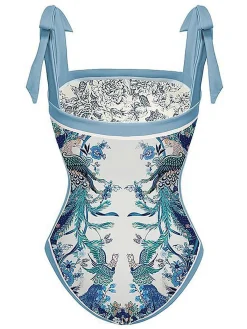 Online Retro Stage 1930s Straps Reversible Swimsuit Blue