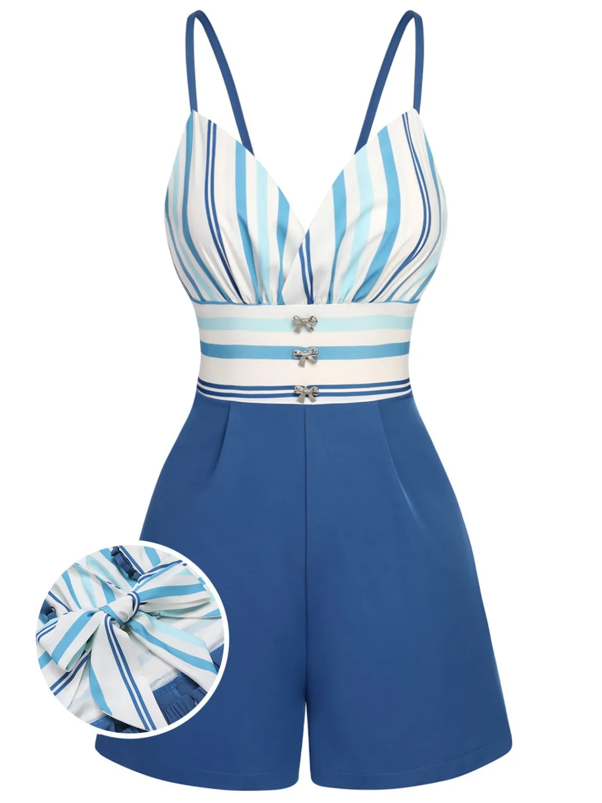 Discount Retro Stage 1950s Stripe Back Strap Romper Blue