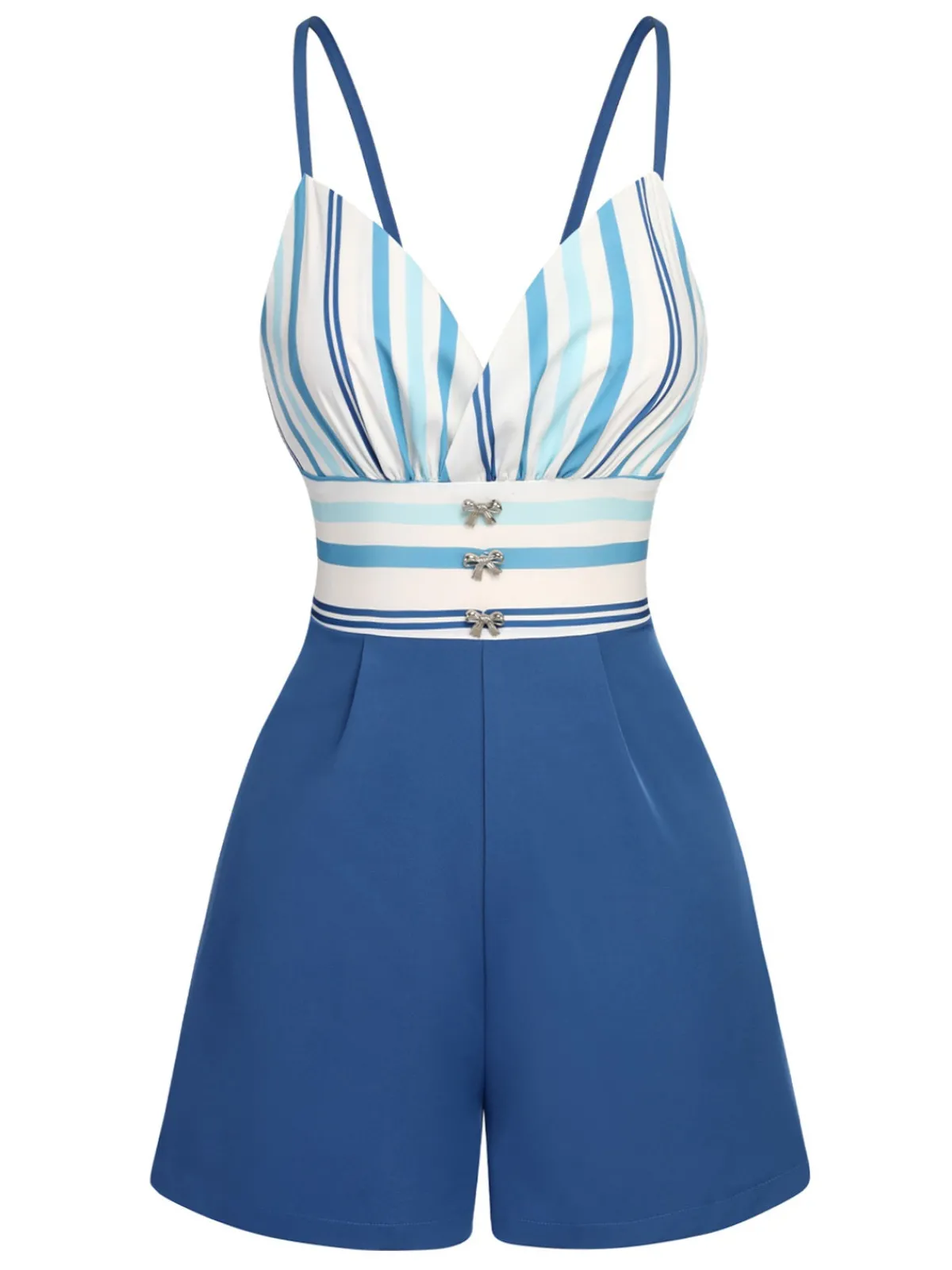 Discount Retro Stage 1950s Stripe Back Strap Romper Blue