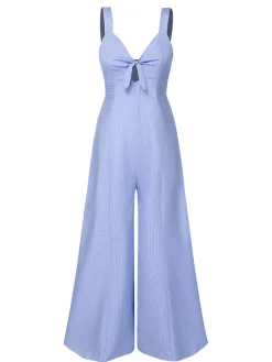 Online Retro Stage 1930s Stripe Cutout Wide Strap Jumpsuit Blue