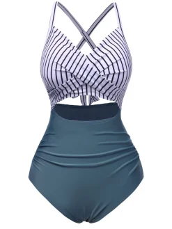 New Retro Stage Blue 1940s Stripe Patchwork Hollow One-Piece Swimsuit