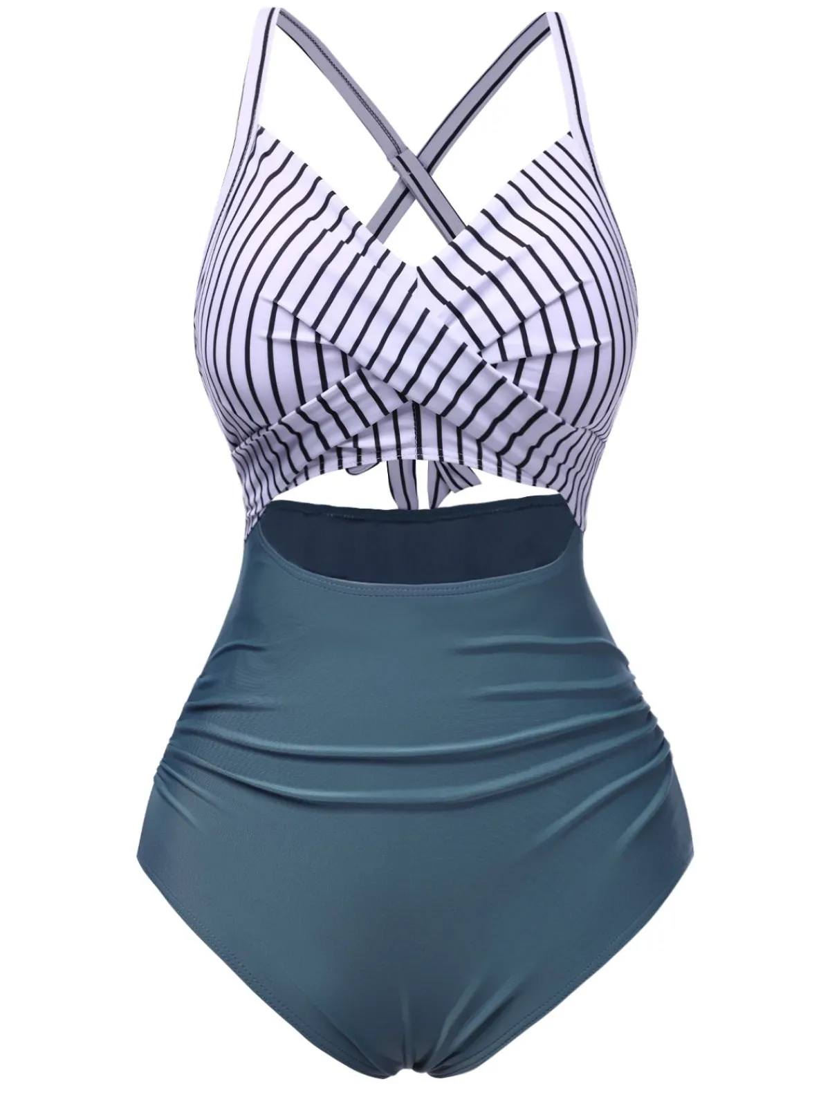 New Retro Stage Blue 1940s Stripe Patchwork Hollow One-Piece Swimsuit