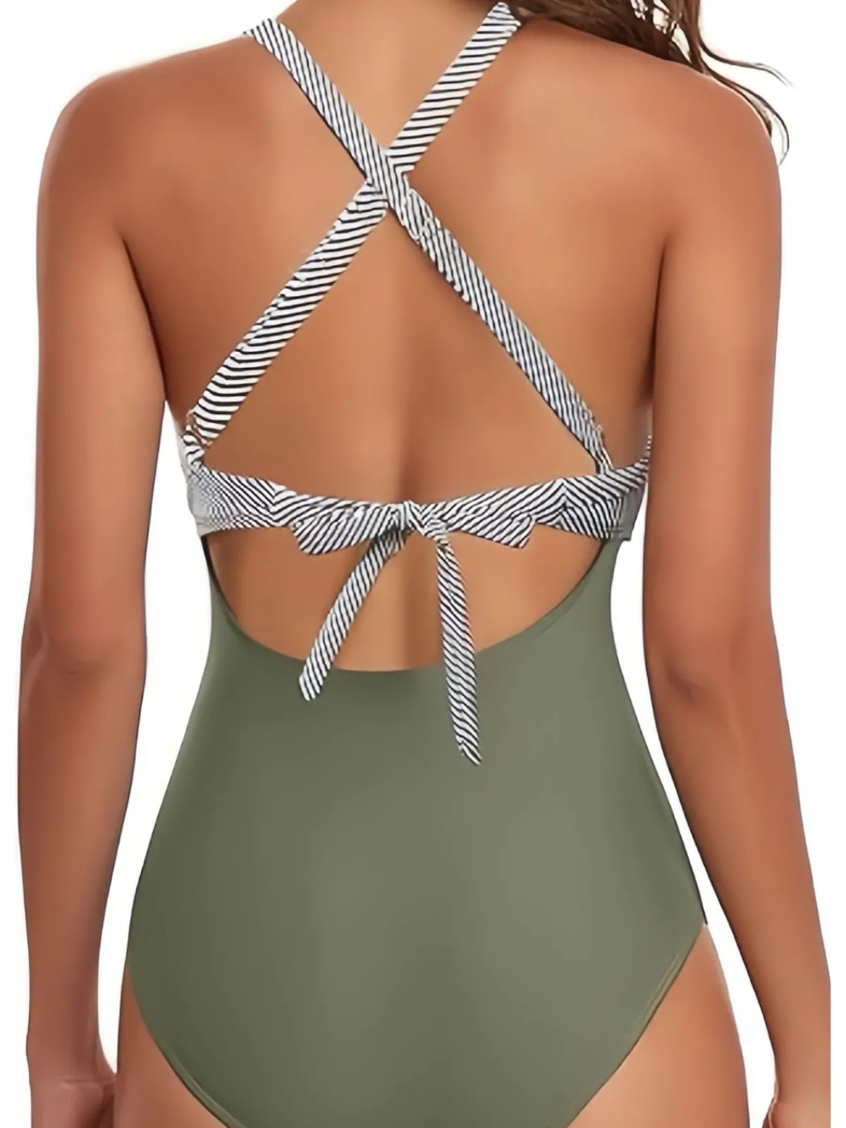New Retro Stage Blue 1940s Stripe Patchwork Hollow One-Piece Swimsuit