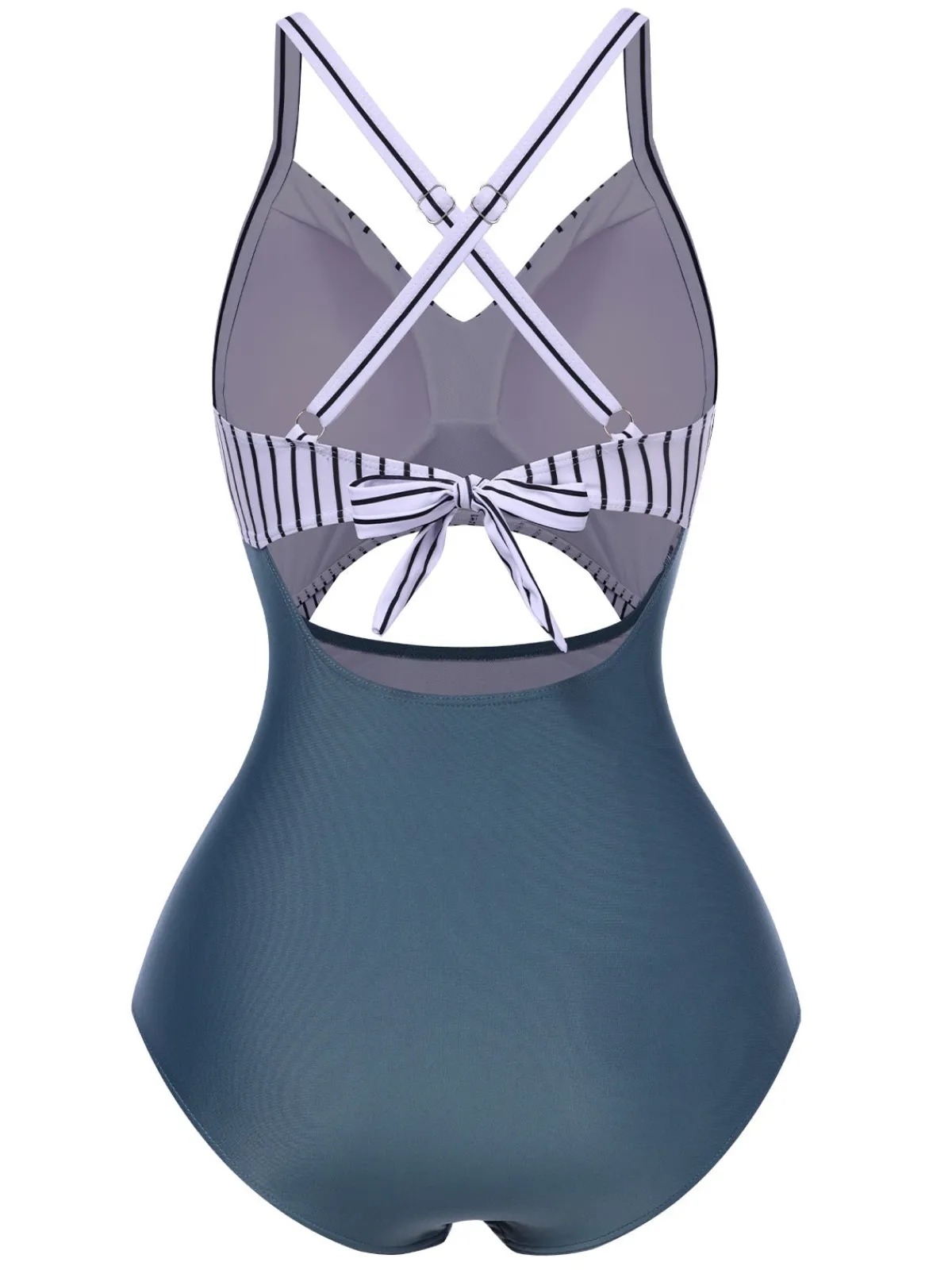 New Retro Stage Blue 1940s Stripe Patchwork Hollow One-Piece Swimsuit
