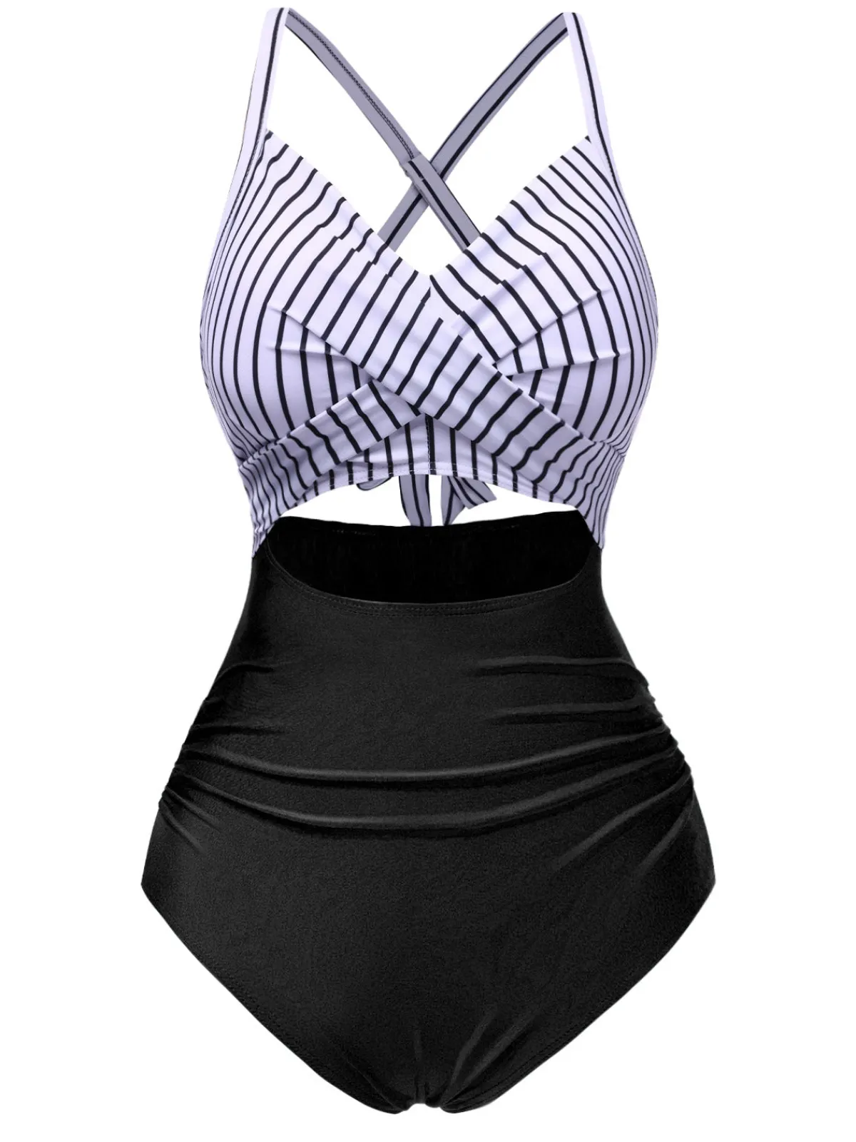 New Retro Stage Blue 1940s Stripe Patchwork Hollow One-Piece Swimsuit