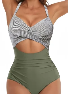New Retro Stage Blue 1940s Stripe Patchwork Hollow One-Piece Swimsuit