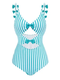 Fashion Retro Stage 1960s Stripe Strap Bow One-Piece Swimsuit Blue
