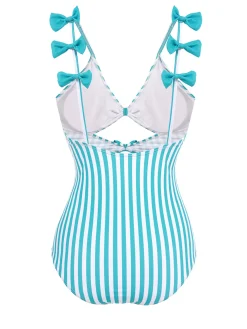 Fashion Retro Stage 1960s Stripe Strap Bow One-Piece Swimsuit Blue