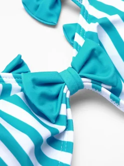 Fashion Retro Stage 1960s Stripe Strap Bow One-Piece Swimsuit Blue