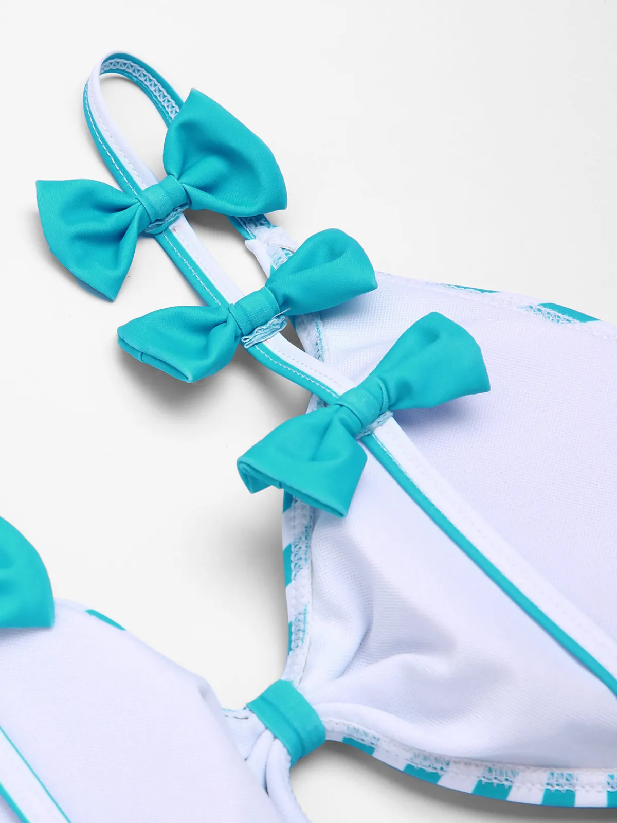 Fashion Retro Stage 1960s Stripe Strap Bow One-Piece Swimsuit Blue
