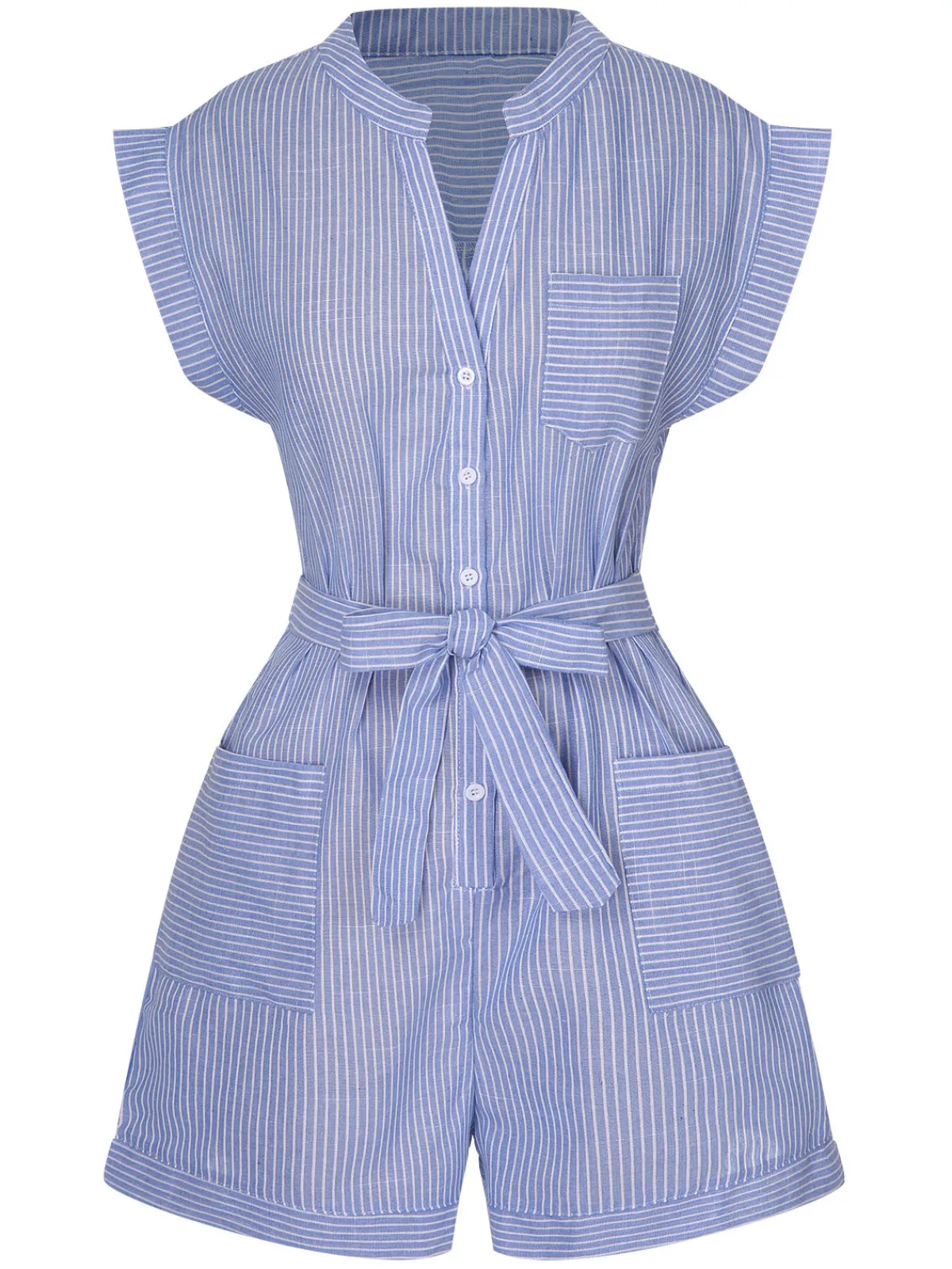 Fashion Retro Stage 1950s Striped Belt Pocket Romper Blue