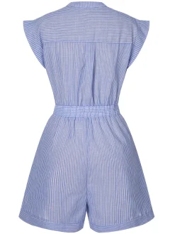 Fashion Retro Stage 1950s Striped Belt Pocket Romper Blue
