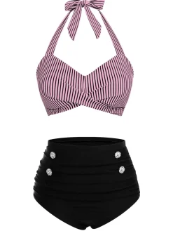 Outlet Retro Stage Blue 1940s Striped Halter Swimsuit Set