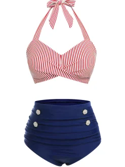 Outlet Retro Stage Blue 1940s Striped Halter Swimsuit Set
