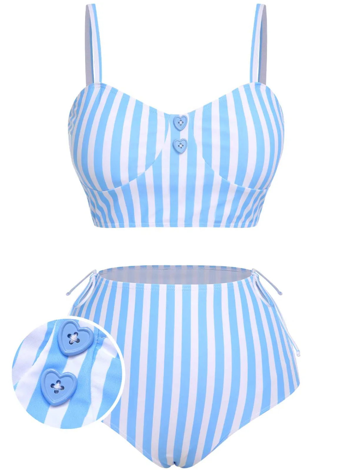 Outlet Retro Stage 1950s Striped Heart Button Swimsuit Blue
