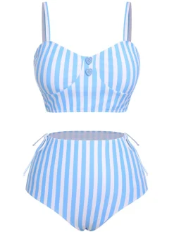 Outlet Retro Stage 1950s Striped Heart Button Swimsuit Blue