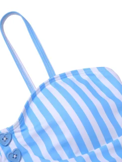 Outlet Retro Stage 1950s Striped Heart Button Swimsuit Blue
