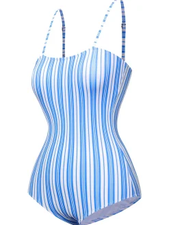 Discount Retro Stage 1930s Striped One-Piece Swimsuit Blue