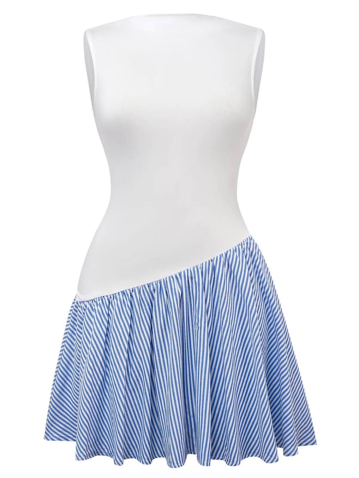 New Retro Stage Blue 1950s Striped Patchwork Pleated Dress Light Blue