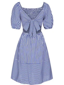 Best Retro Stage 1950s Striped Raglan Square Neck Smocked Dress Blue