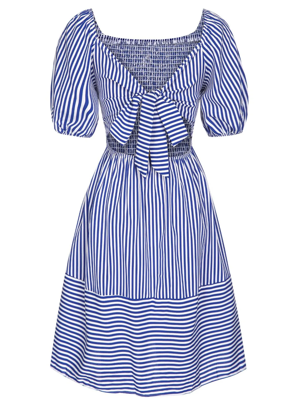 Best Retro Stage 1950s Striped Raglan Square Neck Smocked Dress Blue