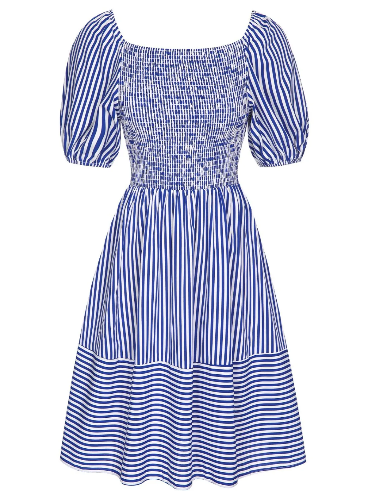 Best Retro Stage 1950s Striped Raglan Square Neck Smocked Dress Blue