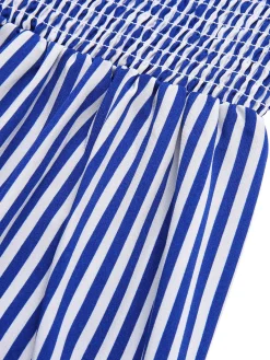 Best Retro Stage 1950s Striped Raglan Square Neck Smocked Dress Blue
