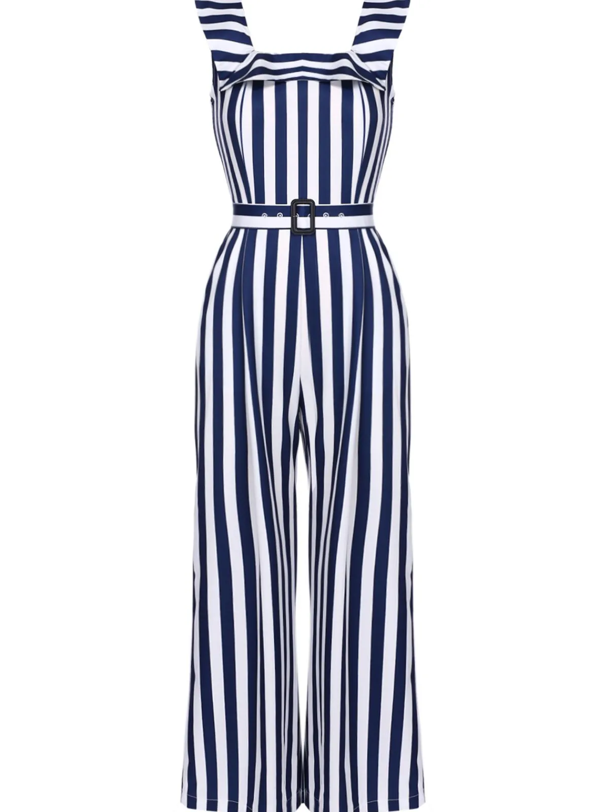 Online Retro Stage 1930s Striped Ruffle Jumpsuit Blue