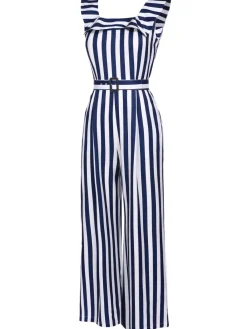 Online Retro Stage 1930s Striped Ruffle Jumpsuit Blue