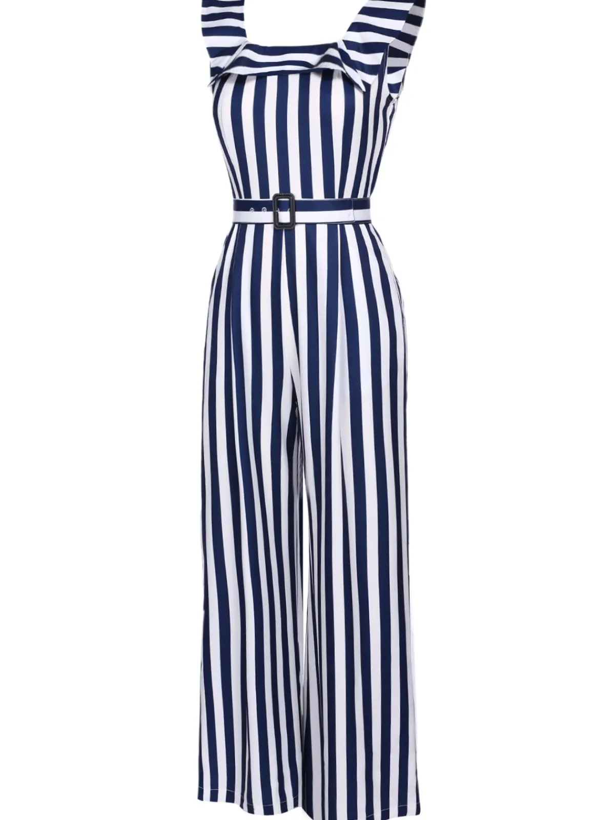 Online Retro Stage 1930s Striped Ruffle Jumpsuit Blue
