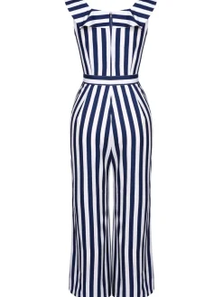 Online Retro Stage 1930s Striped Ruffle Jumpsuit Blue