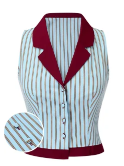 Outlet Retro Stage 1950s Stripes Patchwork Sleeveless Blouse Blue