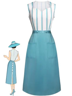 Sale Retro Stage Blue 1950s Stripes Patchwork Pocketed Dress Light Blue