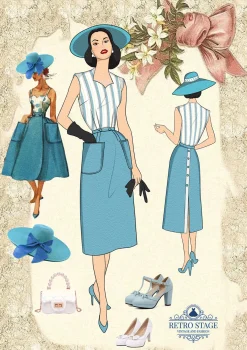 Sale Retro Stage Blue 1950s Stripes Patchwork Pocketed Dress Light Blue