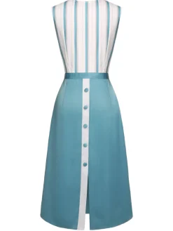 Sale Retro Stage Blue 1950s Stripes Patchwork Pocketed Dress Light Blue