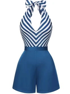 Online Retro Stage 1940s Symmetrical Stripe V-Neck Halter Romper Blue