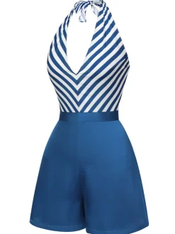 Online Retro Stage 1940s Symmetrical Stripe V-Neck Halter Romper Blue