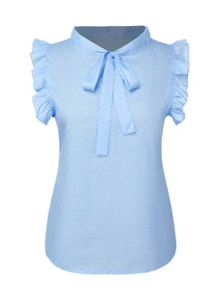 Online Retro Stage 1960s Tie Neck Polka Dots Ruffles Blouse Blue