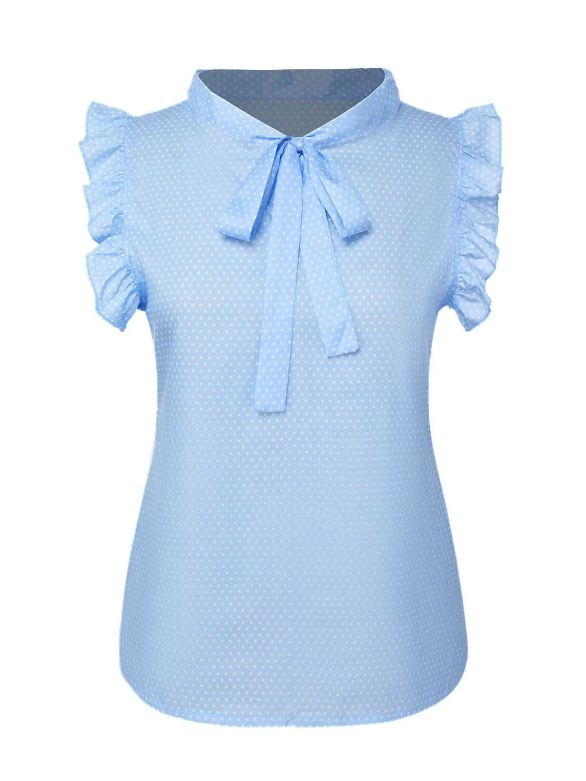Online Retro Stage 1960s Tie Neck Polka Dots Ruffles Blouse Blue