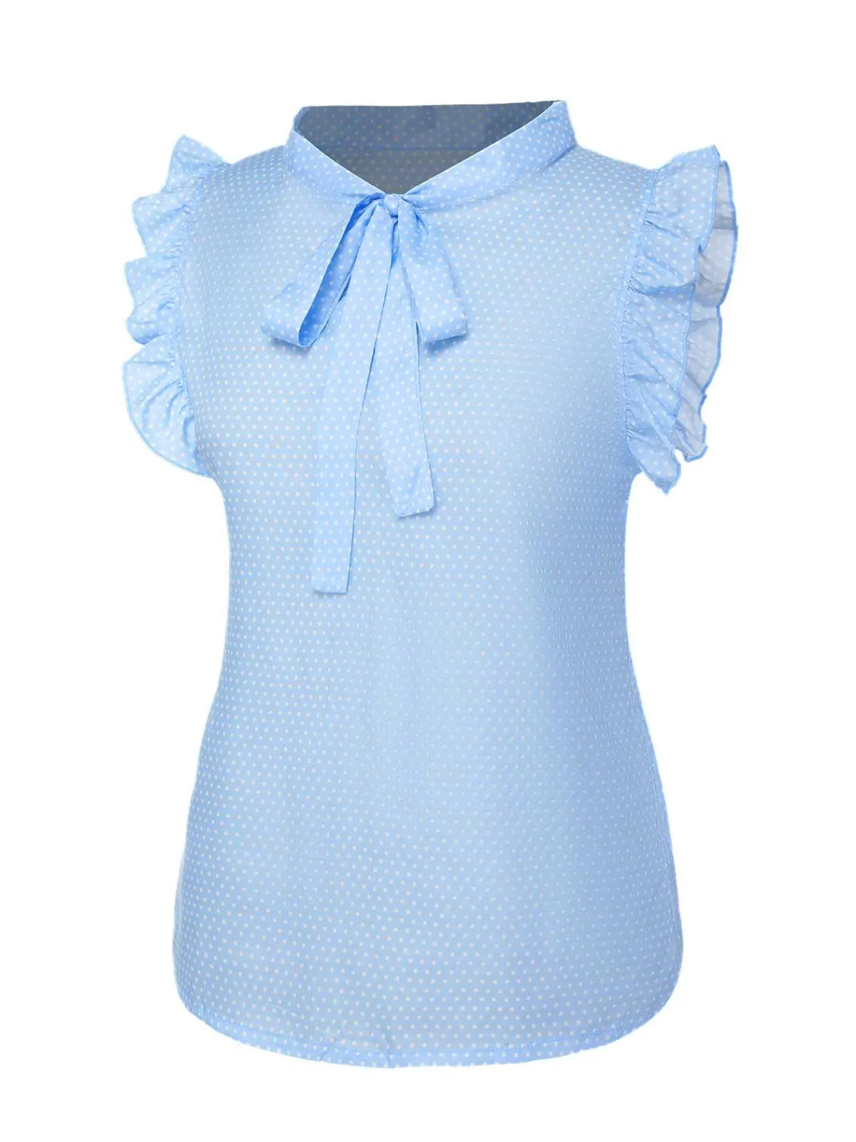 Online Retro Stage 1960s Tie Neck Polka Dots Ruffles Blouse Blue