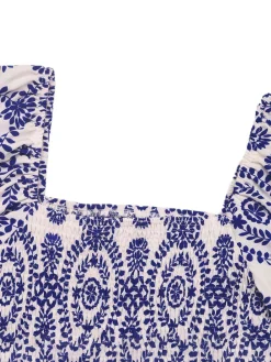 Clearance Retro Stage Blue 1930s Tribal Prints Square Neck Romper Dark Blue