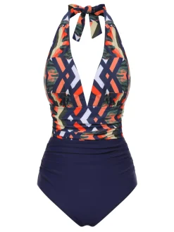 Best Retro Stage 1940s Tropical Deep-V Halter Swimsuit Blue