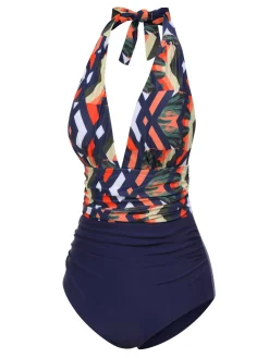 Best Retro Stage 1940s Tropical Deep-V Halter Swimsuit Blue