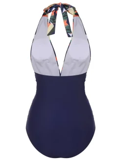 Best Retro Stage 1940s Tropical Deep-V Halter Swimsuit Blue
