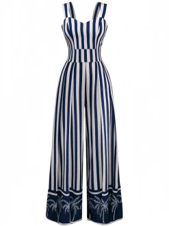 Hot Retro Stage 1930s Vertical Stripes Palm Trees Jumpsuit Blue