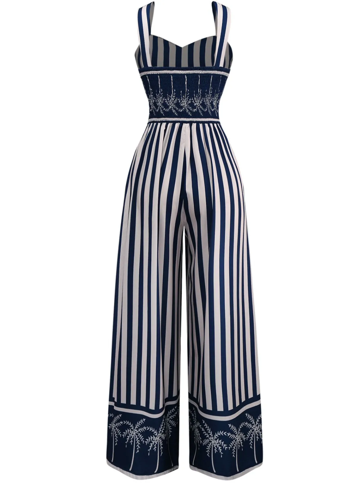 Hot Retro Stage 1930s Vertical Stripes Palm Trees Jumpsuit Blue