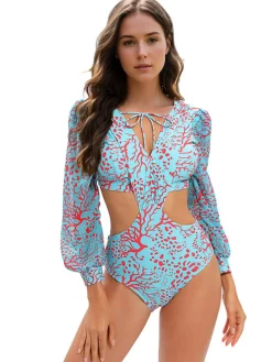 New Retro Stage 1970s V-Neck Backless Hollow Swimsuit Blue