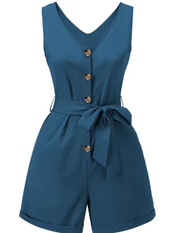 Best Retro Stage Blue 1950s V-Neck Button Waist Tie Romper