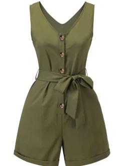Best Retro Stage Blue 1950s V-Neck Button Waist Tie Romper