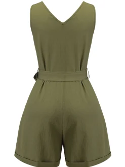 Best Retro Stage Blue 1950s V-Neck Button Waist Tie Romper